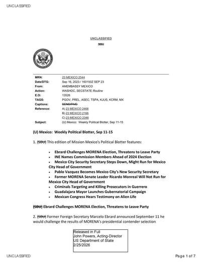 Marcelo Ebrard announced on September 11 that he would challenge — first page of the declassified document