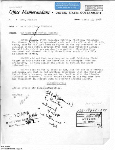 Witness reported a circular object with a crystal dome moving — first page of the declassified document