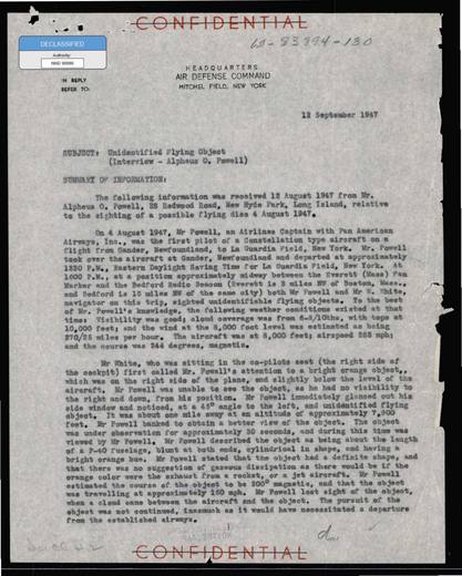 Captain Powell observed a bright orange, disc-shaped object about — first page of the declassified document