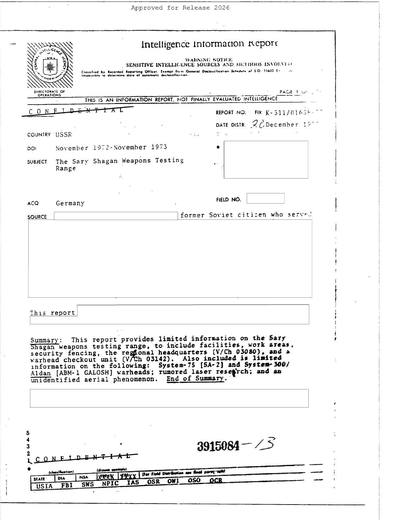 The Sary Shagan Weapons Testing Range — first page of the declassified document