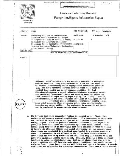 Combatting Fatigue in Crewmembers — first page of the declassified document
