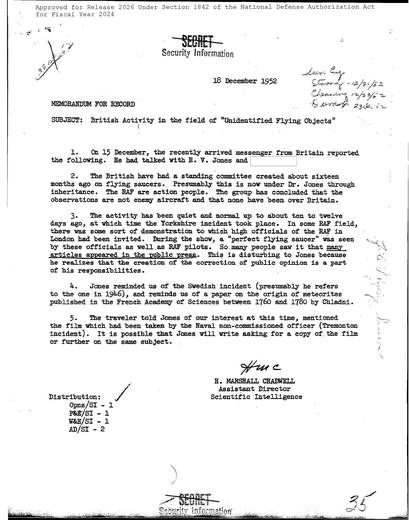 British Activity in the Field of Unidentified Flying Objects — first page of the declassified document