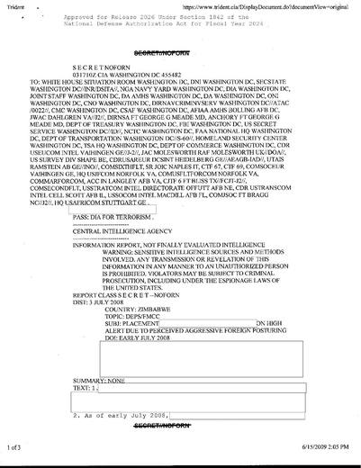 Placement on High Alert Due to Perceived Aggressive Foreign Posturing — first page of the declassified document