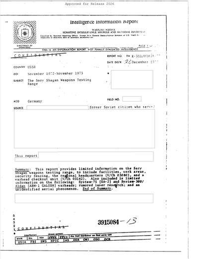 Intelligence Information Report USSR 1973 — first page of the declassified document