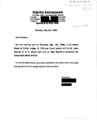 Pajarito Astronomers — first page of the declassified document