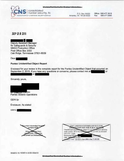 Pantex-Unidentified-Object-Incident-Report 2015 — first page of the declassified document