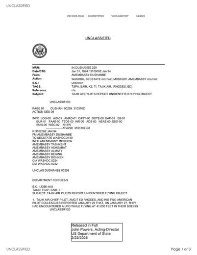 Tajik Air pilots reported a bright, high‑speed object that — first page of the declassified document