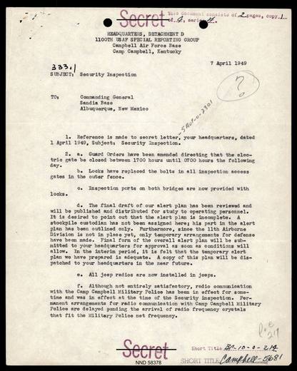 General Correspondence Of Sandia — first page of the declassified document