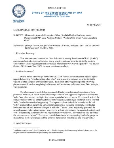 Unresolved-Case-Analysis-Update Western-United-States-Event — first page of the declassified document