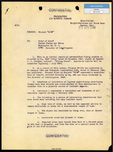 Project-Sign-Progress-Report 1948 — first page of the declassified document