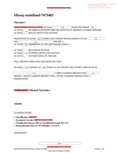 Flight departed with fully mission capable sensors, began SIGINT — first page of the declassified document