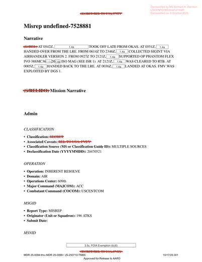 196 ATKS launched a reconnaissance sortie from OKAS at 0542Z — first page of the declassified document