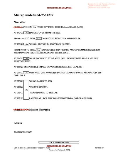 Crew launched from Sigonella Airbase, conducted signals and — first page of the declassified document