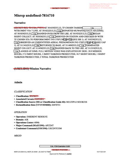 30 July 2022, TF CHOSIN departed Muwaffaq Salti AB, conducted — first page of the declassified document