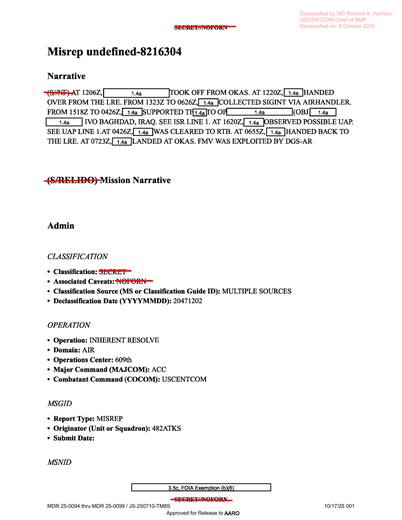 A SIGINT collection mission over Iraq, the crew noted a possible — first page of the declassified document