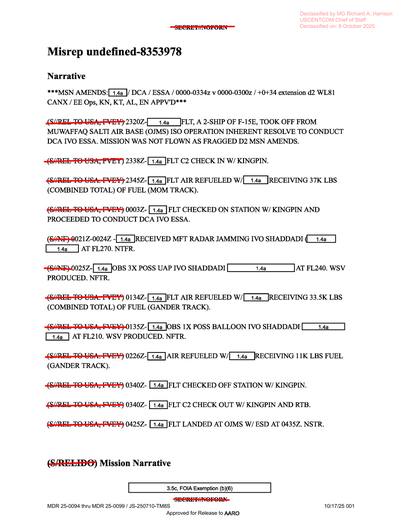Two-ship F-15E conducted DCA over eastern Syria, received — first page of the declassified document