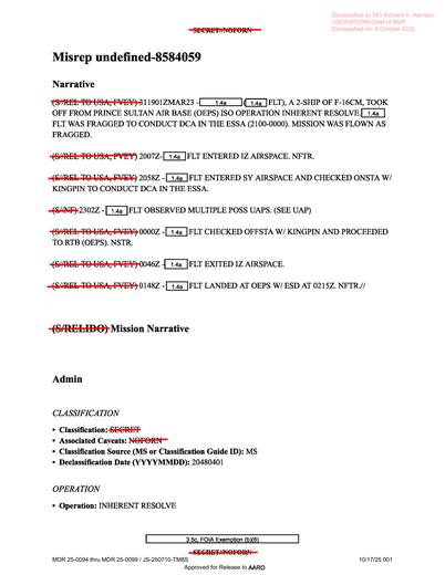 77 EFS F-16CM flight departed Prince Sultan Air Base, performed — first page of the declassified document