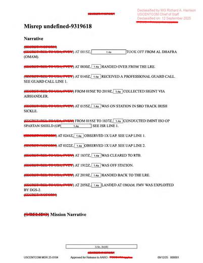 Crew took off from Al Dhafra, collected SIGINT, remained on — first page of the declassified document