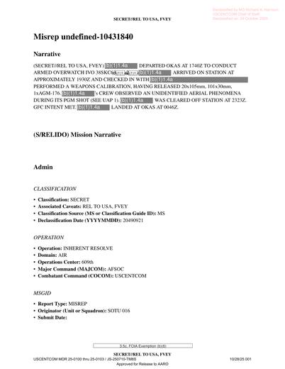 An armed overwatch mission, the crew calibrated weapons, released — first page of the declassified document