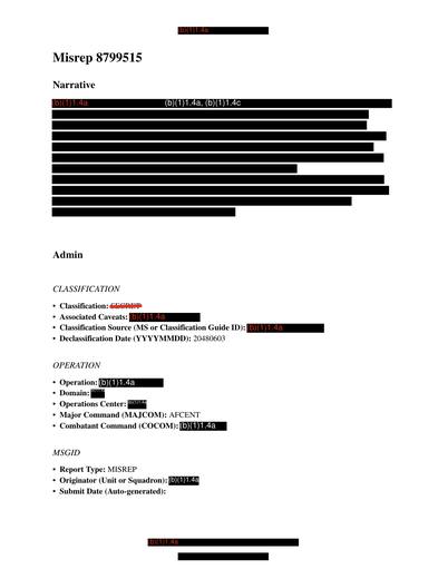 Document is a classified mission report with placeholder fields — first page of the declassified document