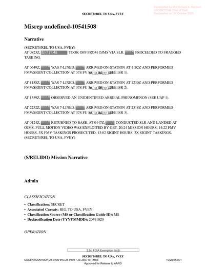 Crew conducted ISR collection over Syria, recorded full-motion — first page of the declassified document