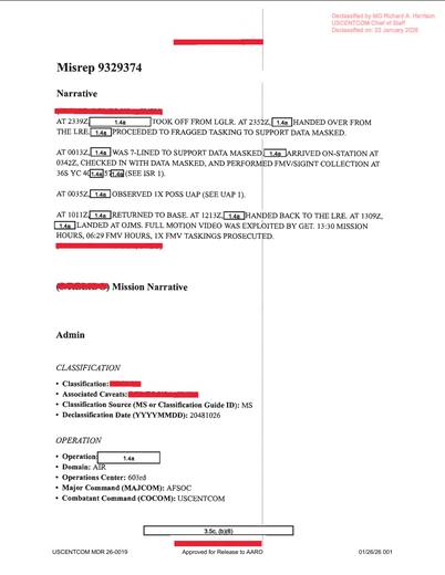 Crew took off from LGLR, conducted ISR tasks, observed a possible — first page of the declassified document