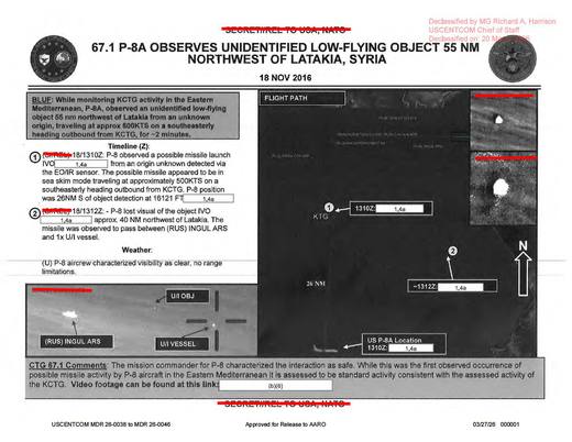 P-8A crew detected a possible missile launch from an unknown — first page of the declassified document