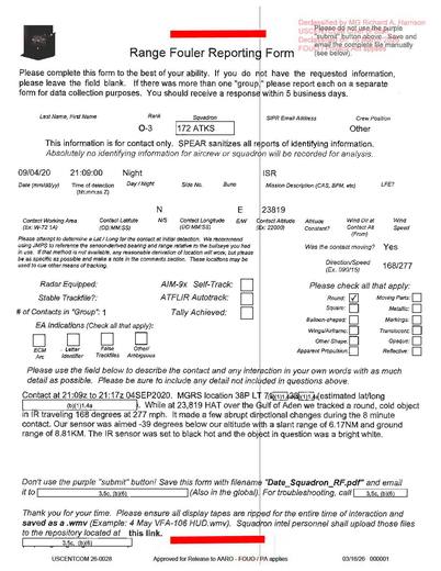 Crew observed a round, bright white object moving at 277 mph on a — first page of the declassified document