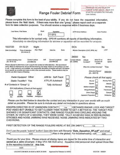 Kingpin obtained radar lock and pod video of an unknown contact — first page of the declassified document