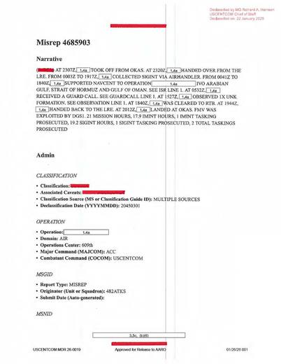 Aircraft took off from OKAS, collected SIGINT while supporting — first page of the declassified document