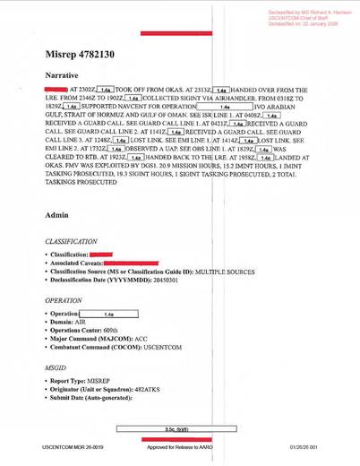Crew launched from OK.AS at 2302Z, conducted surveillance — first page of the declassified document