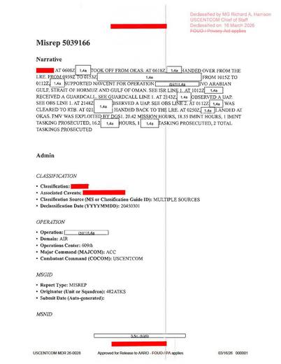 482 ATKS crew conducted an AREC mission over the Arabian Gulf — first page of the declassified document