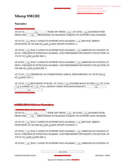 Aircraft 1.4a took off at 0229Z, performed ISR collection over — first page of the declassified document