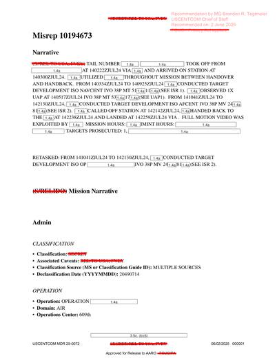 Aircraft departed at 140222Z on 22 July 2024, arrived on station — first page of the declassified document