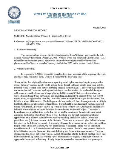Two consecutive nights in October 2023, Witness 1 and a teammate — first page of the declassified document