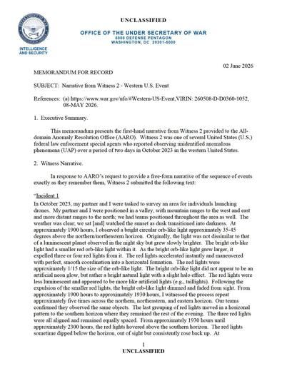 Witness 2 and his partner saw a bright orb-like light with — first page of the declassified document