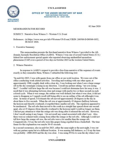 Witness 3, accompanied by a partner, saw a large orange orb — first page of the declassified document