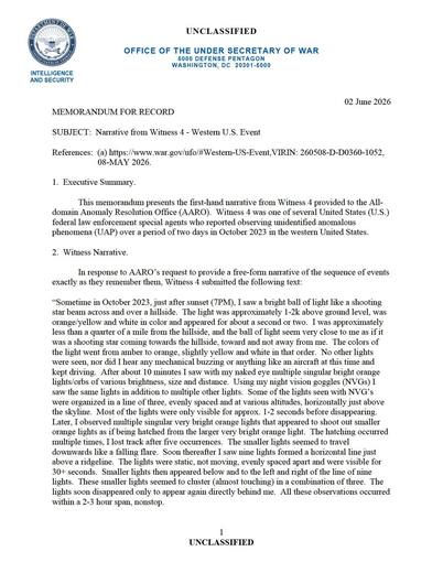 Witness 4 reported a bright orange/white ball of light over a — first page of the declassified document