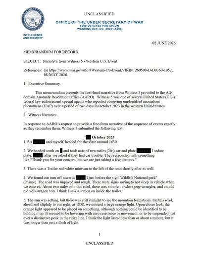 Witness and a colleague drove an unpaved road, observed a — first page of the declassified document