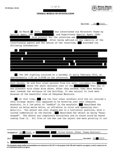 Five soldiers at Fort Carson saw a motionless, bean-shaped, matte — first page of the declassified document