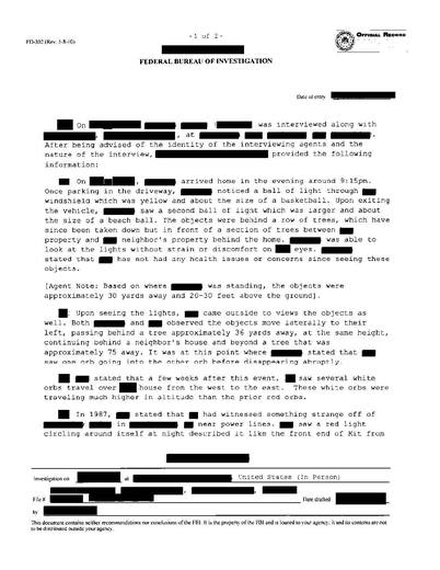 Fd-302-71 Northeastern-Orb-Sighting 2026 — first page of the declassified document