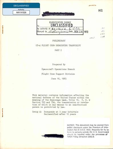 Preliminary-Gemini-4-Crew-Debriefing Part1 1965 — first page of the declassified document