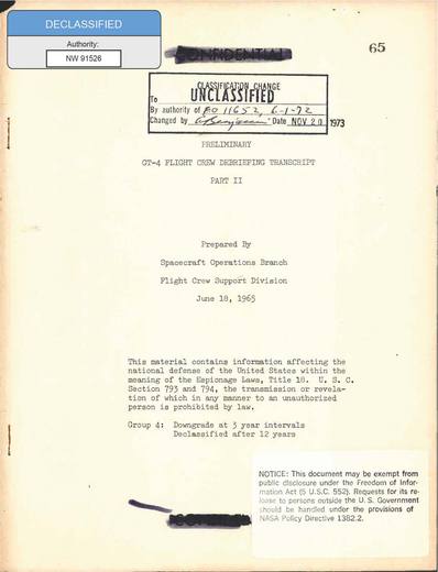 Preliminary-Gemini-4-Crew-Debriefing Part2 1965 — first page of the declassified document