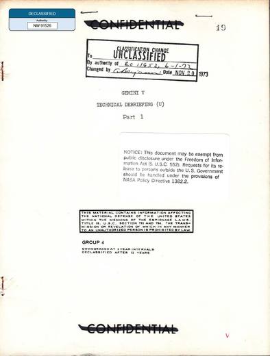 Gemini-5-Technical-Debriefing Part1 1965 — first page of the declassified document