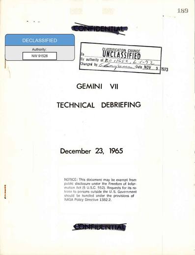 Gemini-7-Technical-Debriefing 1965 — first page of the declassified document