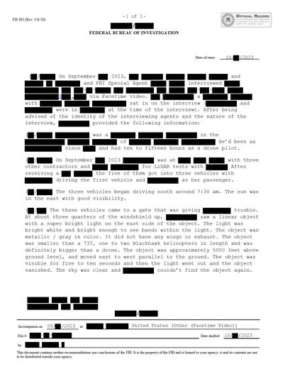 Witness saw a constant-size, constant-brightness object while — first page of the declassified document